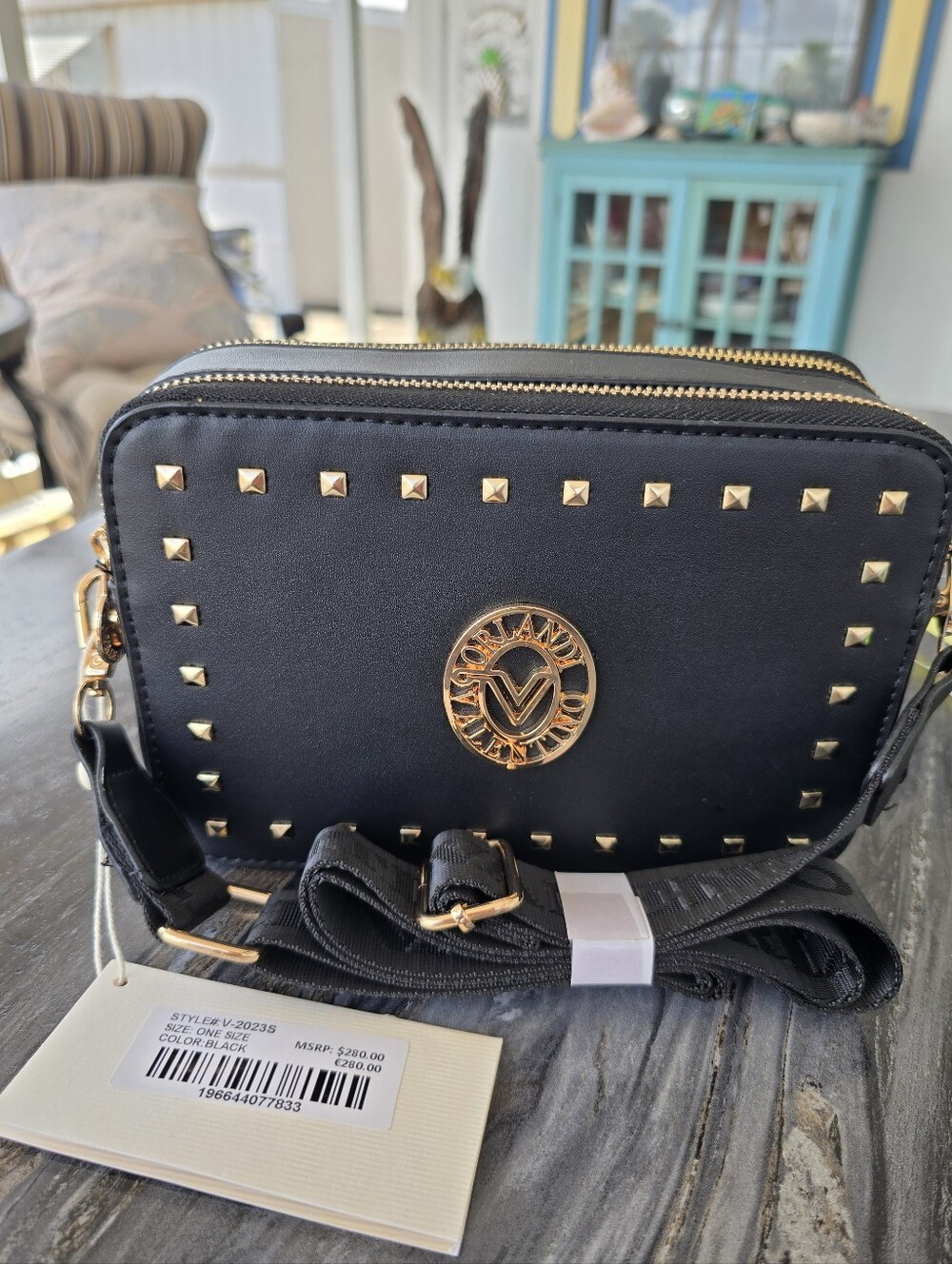 Valentino Orlandi Made In Italy NWT V-Ring Black Studded Crossbody Bag 8.5x6x3